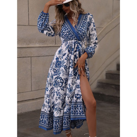 Floral Print Lantern long Sleeve Split Thigh midi dress blue white boho - Picture 4 of 7